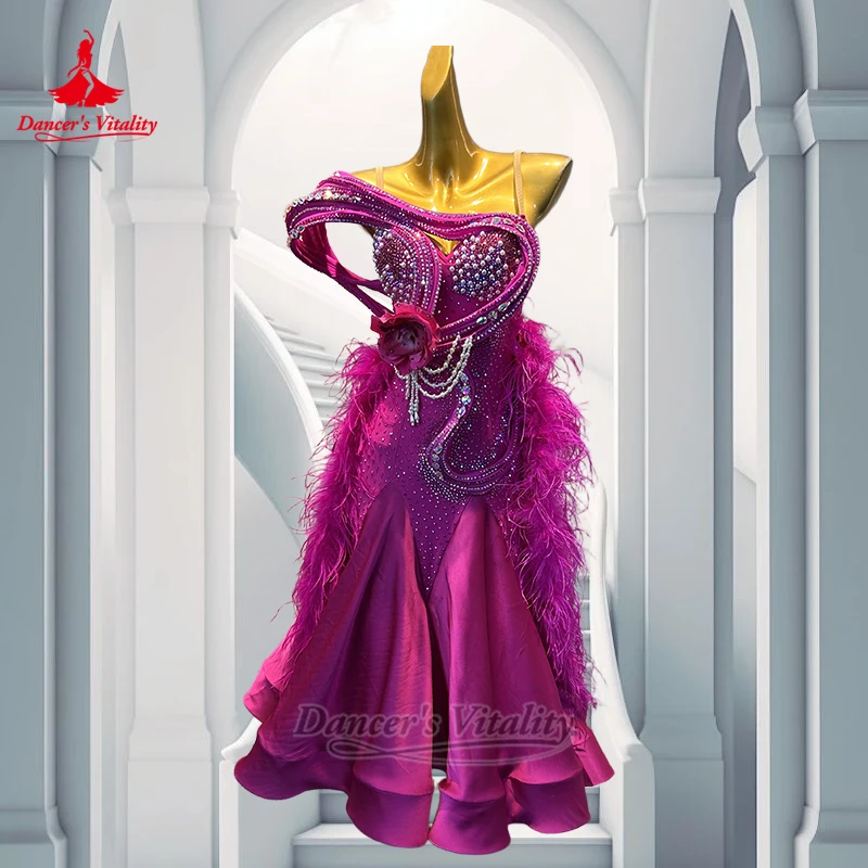 Women Ballroom Dance Luxurious AB Stones Backless Dresses Advanced Customize Adult Waltz Feather Style Outfit Dancer's Vitality