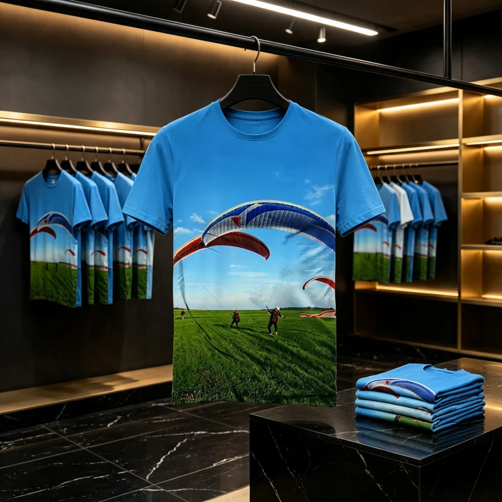 Men 3D Paragliding Extreme Sports Print  Blue  Neck Short Sleeve Casual Breathable Quick-dry Outdoor Adventure Family Kids Tees