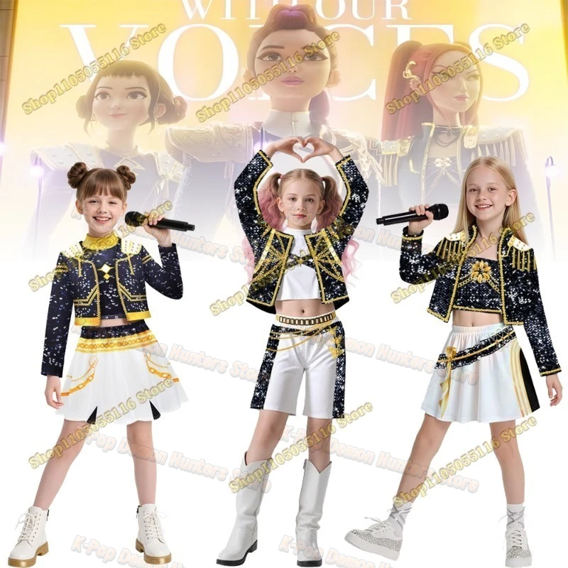 

Rumi Cosplay Costume 3D Print Black Gold Stage Costume Kpop Demon Hunters Uniform Huntrix Halloween Party Zoey Mira Kids Sets