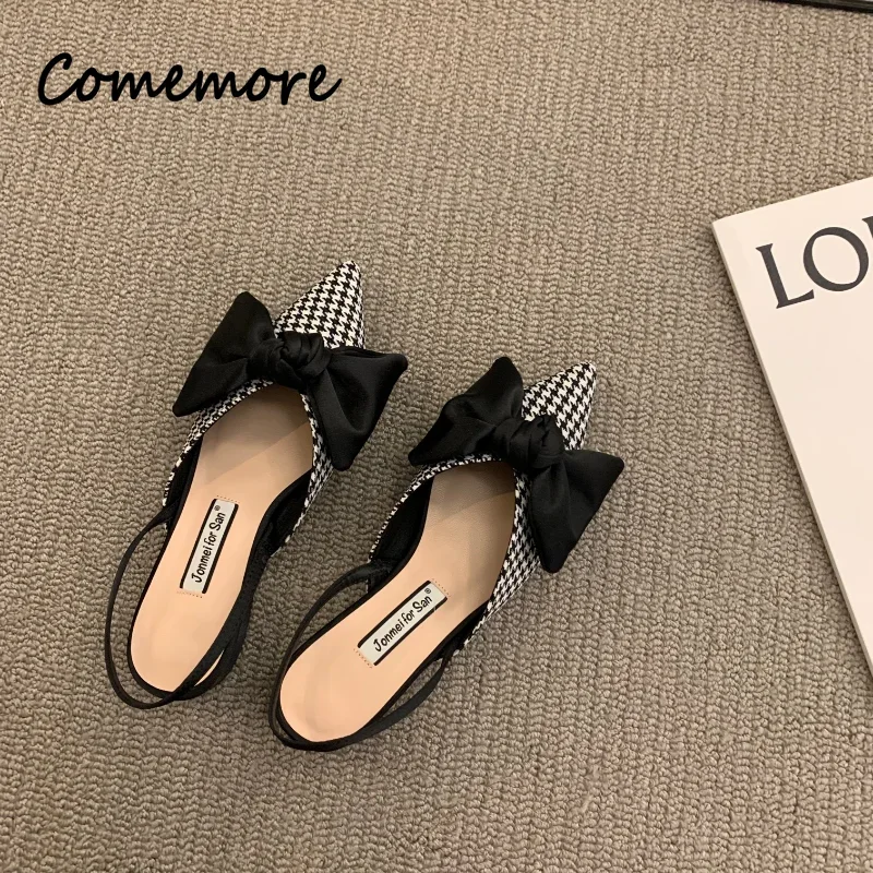 Comemore Women Elegant 2023 Summer Pointed Low Heel Women Fashion Sandal High Heels Sandalias De Mujer Bow Sandals Heeled Shoes