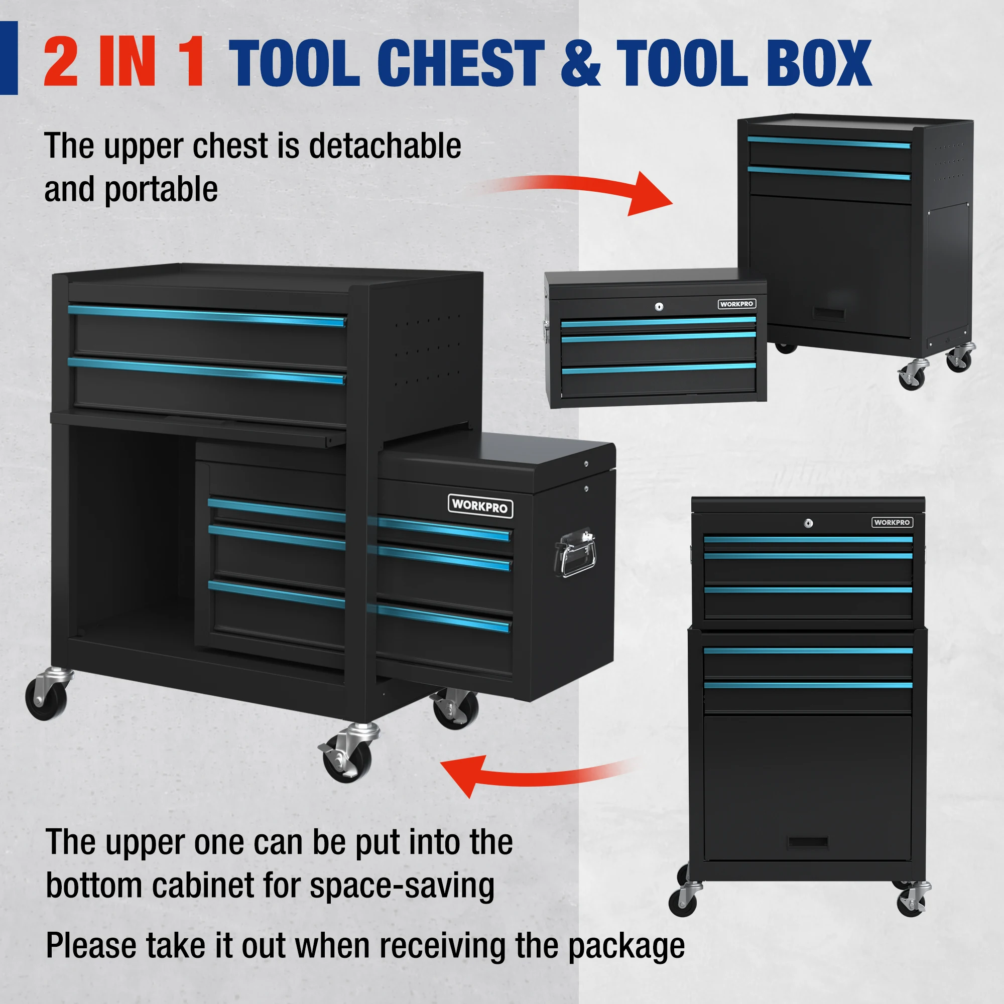 WORKPRO 5-Drawer High-Capacity Rolling Removable Tool Storage Cabinet Thickened Load-Bearing Multi-Hardware Tool Cabinet