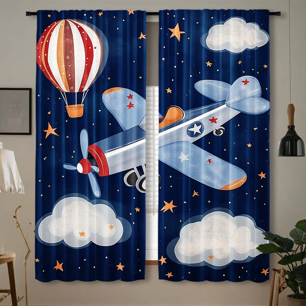 2pc Airplane and hot air balloon patterned curtains, machine washable polyester, suitable for bedrooms and living rooms.