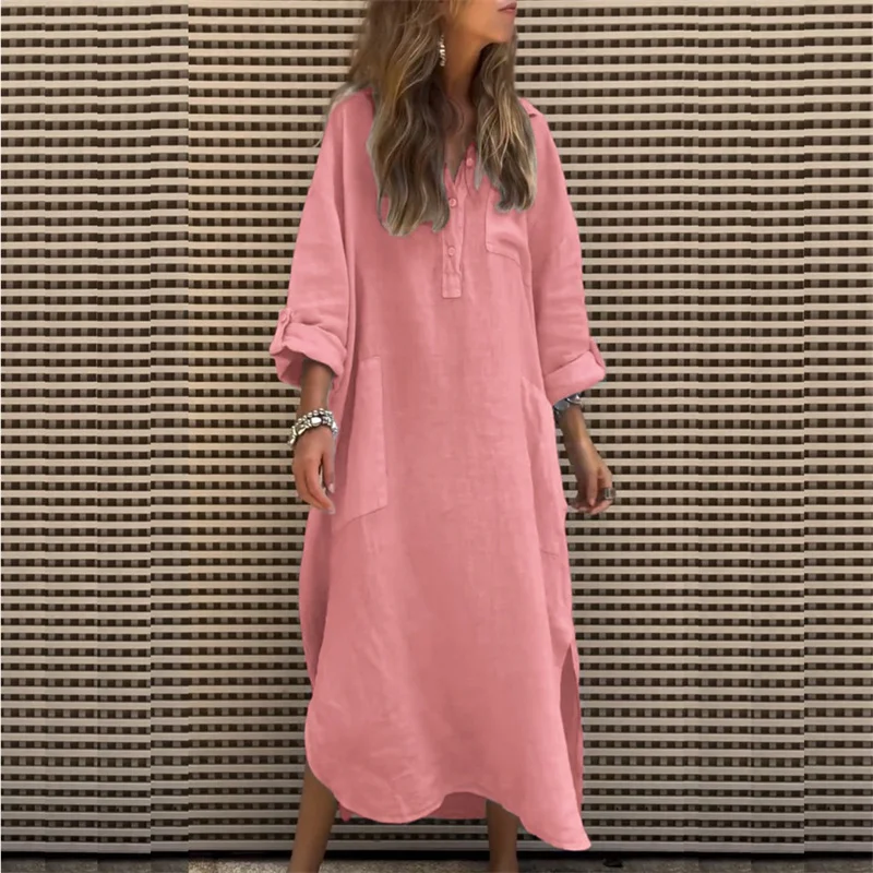 Automne femmes Vintage solide robe élégante col montant poignet manches Simple bouton poche robe dame décontracté ample longue robe 2025
