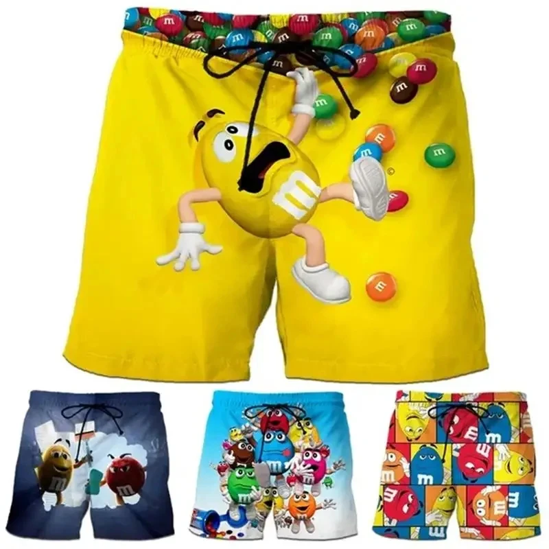 Funny M&M's Chocolate Bean Beach Shorts Men 3D Printing M&M Board Shorts Swimsuit Summer Quick Drying Shorts Sport Shorts