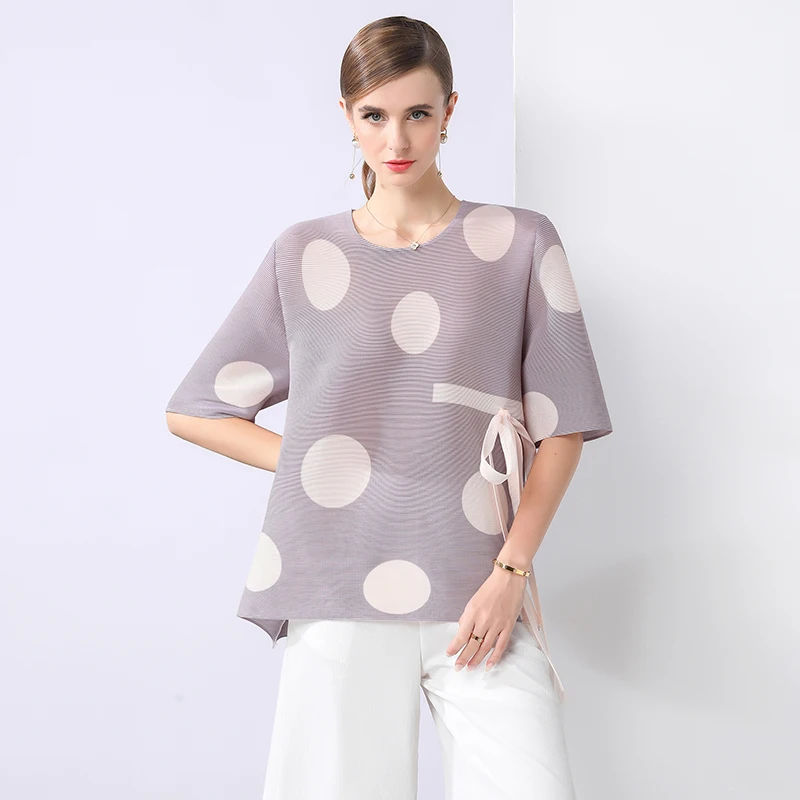 Ele Polka Dot Print Top da donna ort Sve T-shirt estiva sottile con nodo allentato Mommy Sle Tessuto in poliestere Casual...