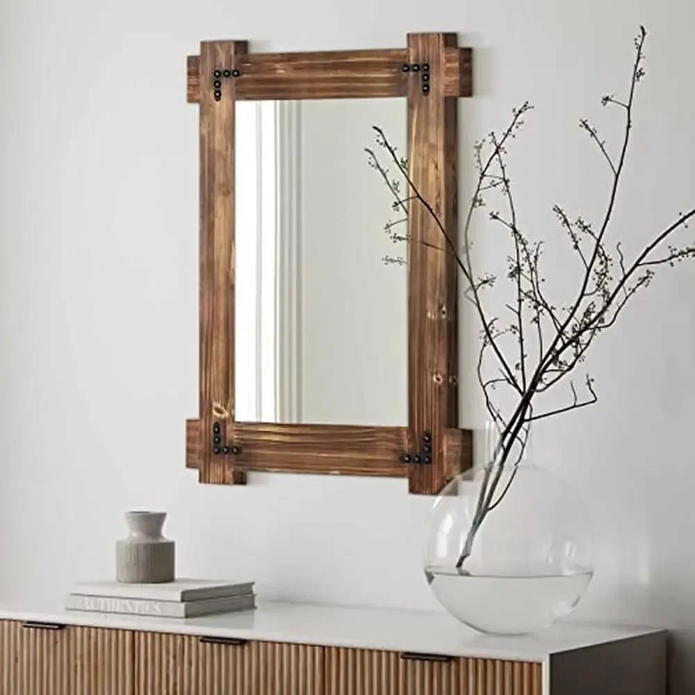 

Natural Wood Rectangular Bathroom Farmhouse Wall Mirror Vanity Decor Bedroom Mounted Wood Frame Rustic Decorative Mirror