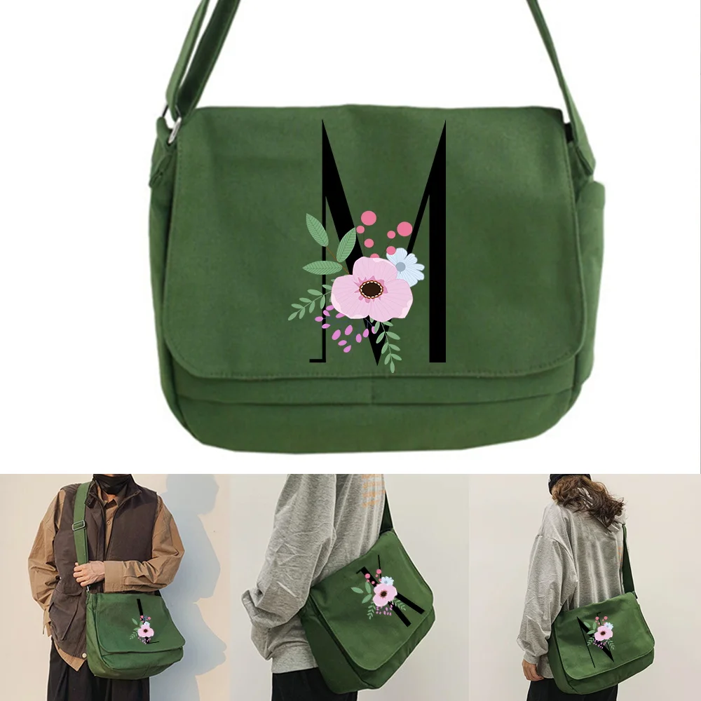 Large Capacity Shoulder Bags Green Canvas Leisure Travel Messenger Bag Women Crossbody Package Flower and Black Initial Name
