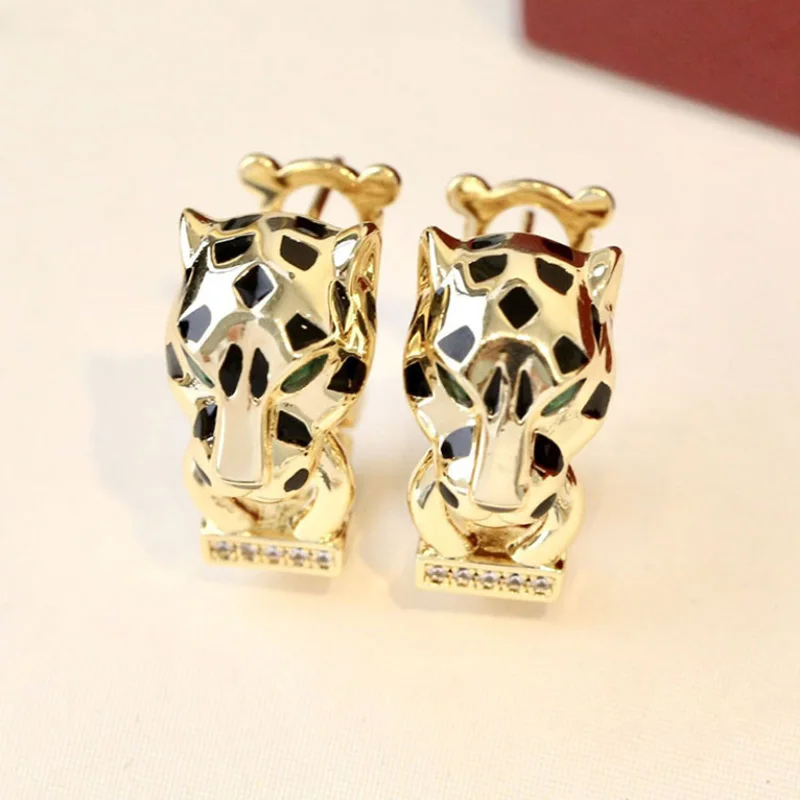 Fashion Double-Ring Leopard-Print Titanium Steel Micro-Inlaid Zircon Earrings Silver Needle Luxury Accessories