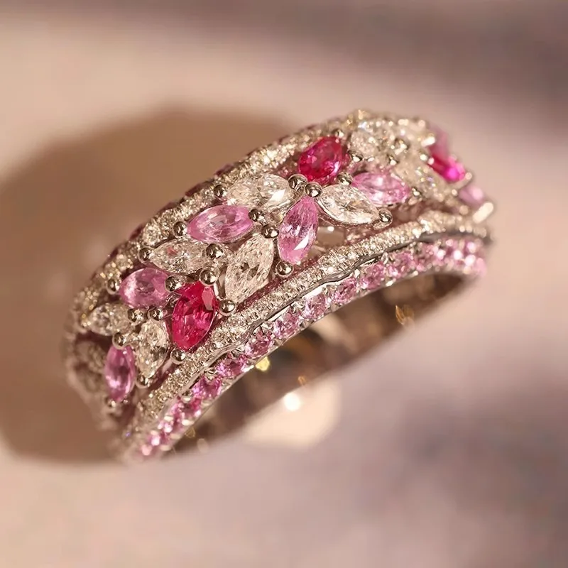Two Tone Pink White Grid Synthetic Cubic Zirconia Broadband Ring Flower Design Stackable Wedding Party Women's Jewelry Gift