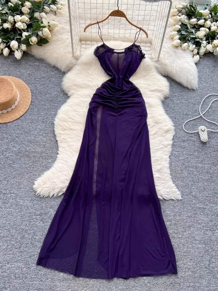 Foamlina วันหยุด Ready Mesh Halter ชุดสตรีฤดูร้อน SHEER จีบเอว High Slit ยุโรปอเมริกัน INS ชุดอินเทรนด์