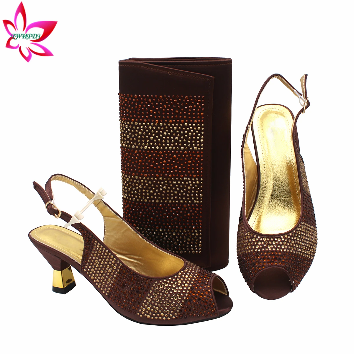 Coffee Color New Coming Italian Design Specials  Heels Shoes and Bag to Match High Quality with Shinning Crystal for Party