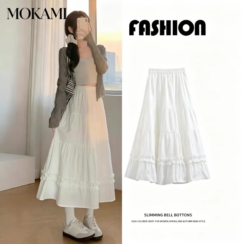 2026 Spring Summer Korean Style Tiered Ruffle Fringe Midi Skirt Women Elastic Waist A Line Versatile Design Half Skirt