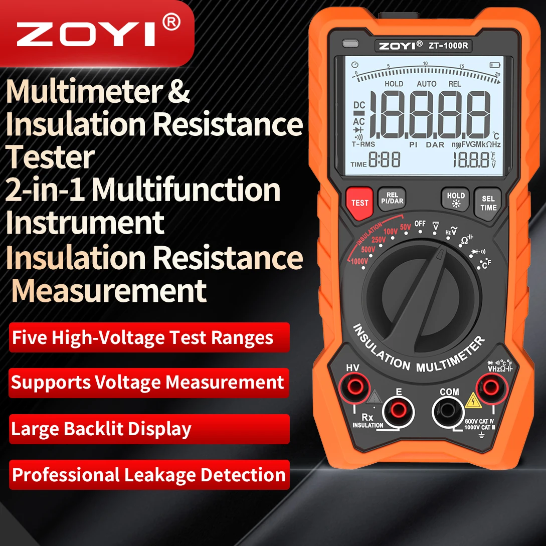

Цифровой мегомметр ZOYI ZT-1000R высокой точности, тестер сопротивления изоляции 1000В, мегомметр и мультиметр 2-в-1