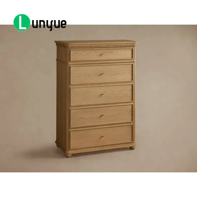 5-Drawer High Cabinet Dresser Solid White Oak Chest with Antique Brass Handles Slow-Closing Drawers for Bedroom Storage