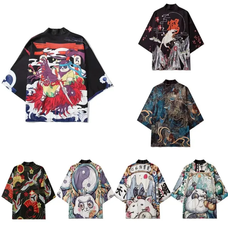 2024 New Product Lucky Cat Ancient Beauty Retro Kimono Robe Women's Traditional Hanbok Long Dresses Modernized Black Kimonos Man