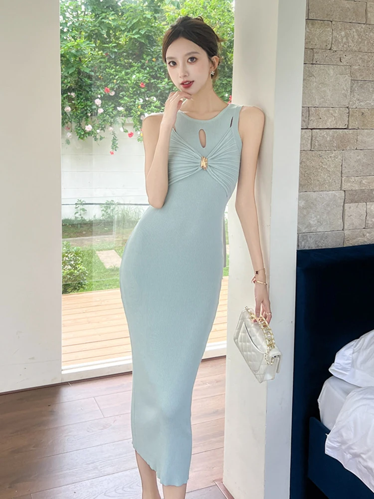 Seksowna sukienka na ramiączkach z kokardą, damska odzież uliczna, sweter, swobodna dzianinowa sukienka z wycięciami, obcisła, długa sukienka bodycon, elegancka sukienka damska, modne vestidos.