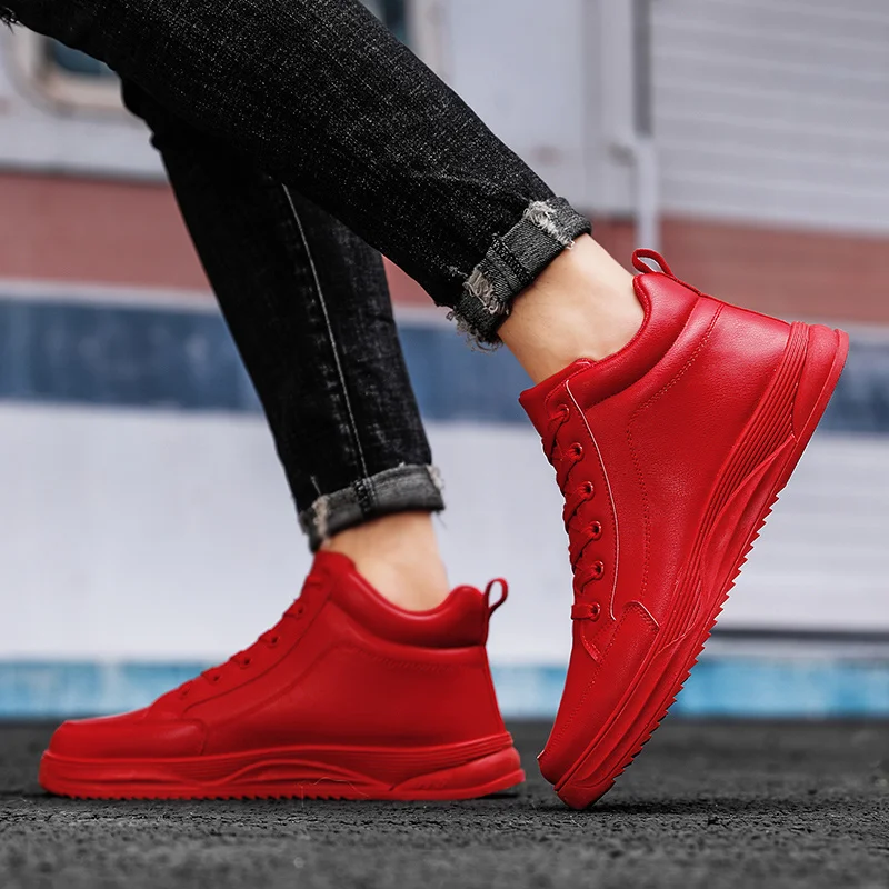 Hot Fashion Red Leather Sneakers Men Autumn Winter Hip Hop Skateboard Shoes Men Designer High Top Sneakers Men Platform Trainers