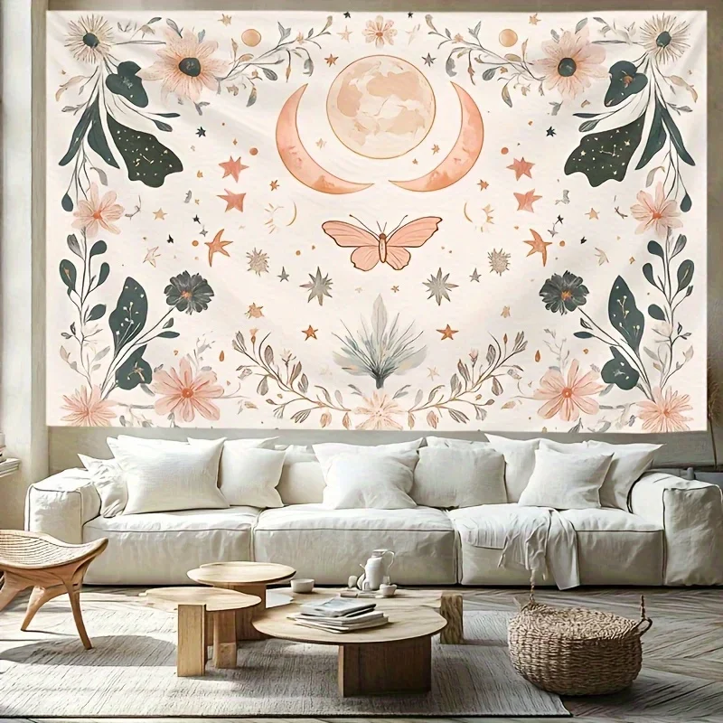 Bohemian Floral Tapestry Wall Hanging - Peach Light Beige Fabric, Wrinkle Resistant, Suitable for Living Room, Bedroom