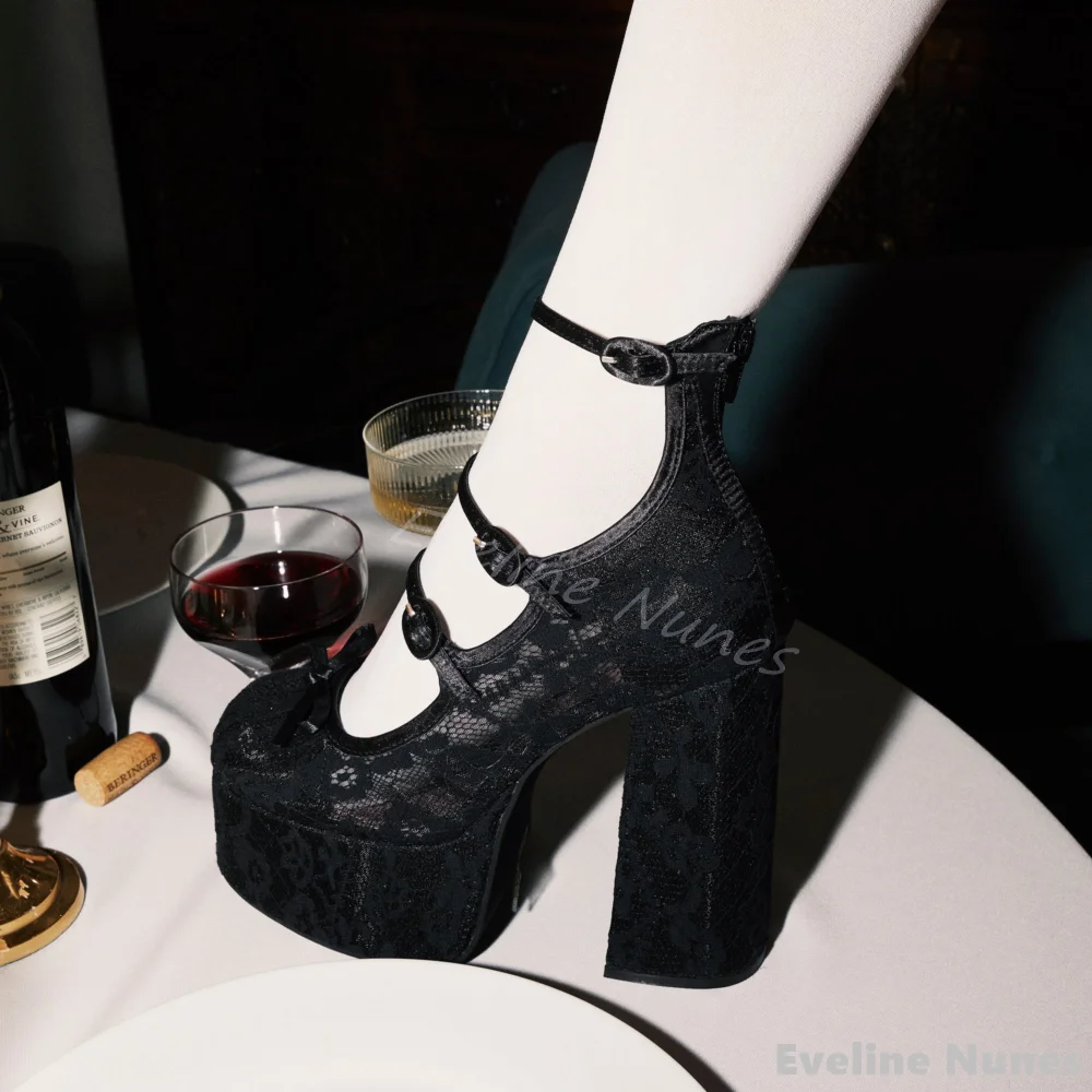 

Red Lace Butterfly Knot High Heels Women Round Toe Chunky Heel Platform Shallow Hollow Sandals New Fashion Sexy Wedding Shoes
