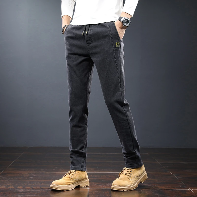 CUMUKKIYP Slim Fit Casual Pants for Men Straight-Leg Elastic Long Trousers with Faux Cow Style