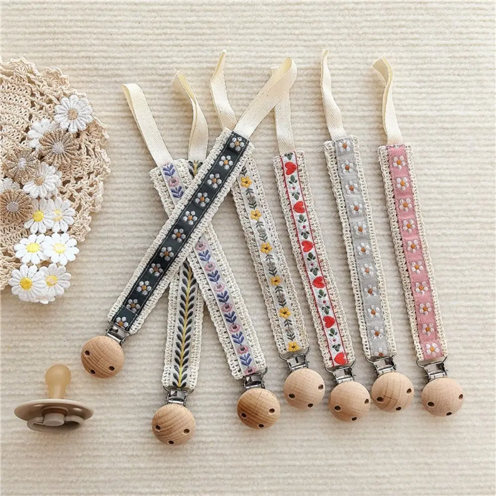 

Ethnic Style Baby Cloth Pacifier Chain Wooden Clip Floral Soother Holder Teether Toys Straps Adjustable Nipple Holder Clips