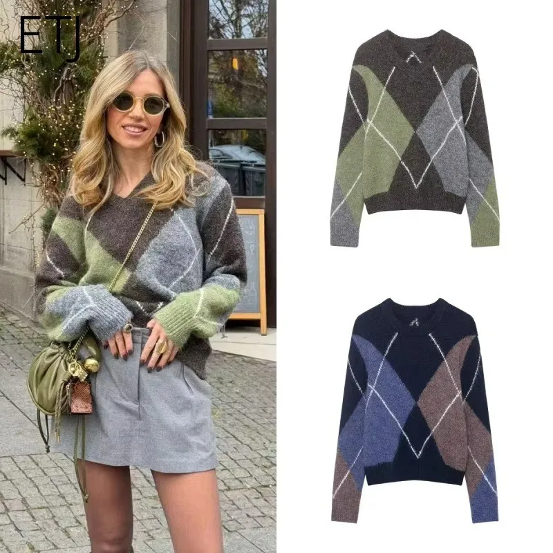 

Round Neck Argyle Knit Sweater Color Block Plaid Loose Long Sleeve Comfortable Casual Pullover Autumn Winter Jumper