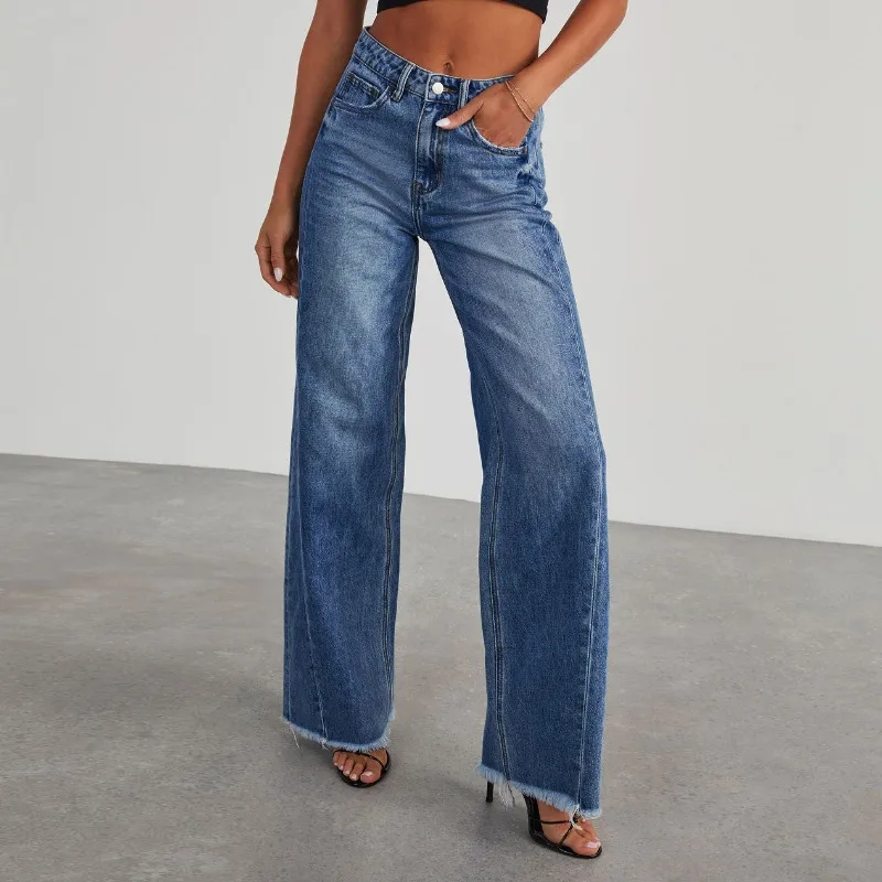 

New Cross-border Amazon Independent Station Foreign Trade Women Denim Long Pants Washed Denim Wide-leg Pants Fashion Personality