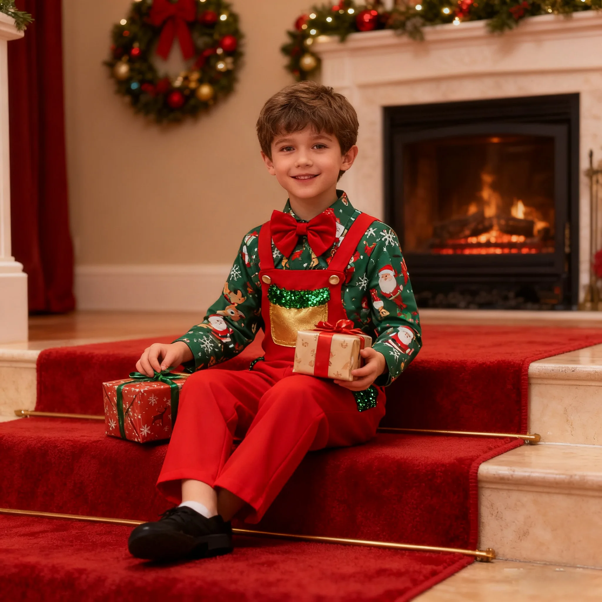 

Рождественский детский комплект верхней и нижней одежды для детей и мальчиков 1–6 лет, комплект топ и брюк с принтом Санта-Клауса и подтяжки