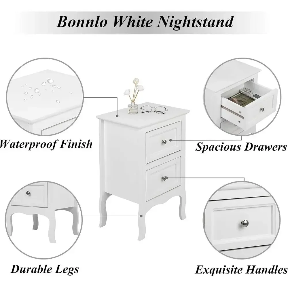 White Nightstand Set o 2, Nightstands with 2 Ders, Bed Side Table/Night Stand, Small Nightstand or Bedroom, Small Spaces, Colleg - view 4