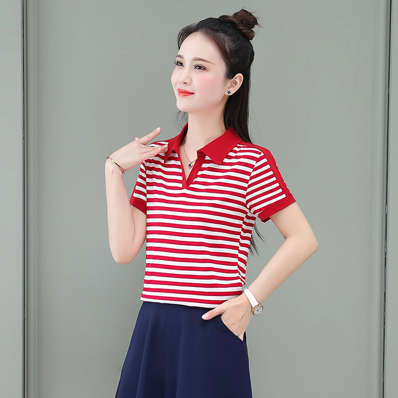 New Women'S Summer Thin Stripe Fashion Versatile Short Sleeve Mom Comfortable Versatile Loose Casual Sports Lapel Collar Top