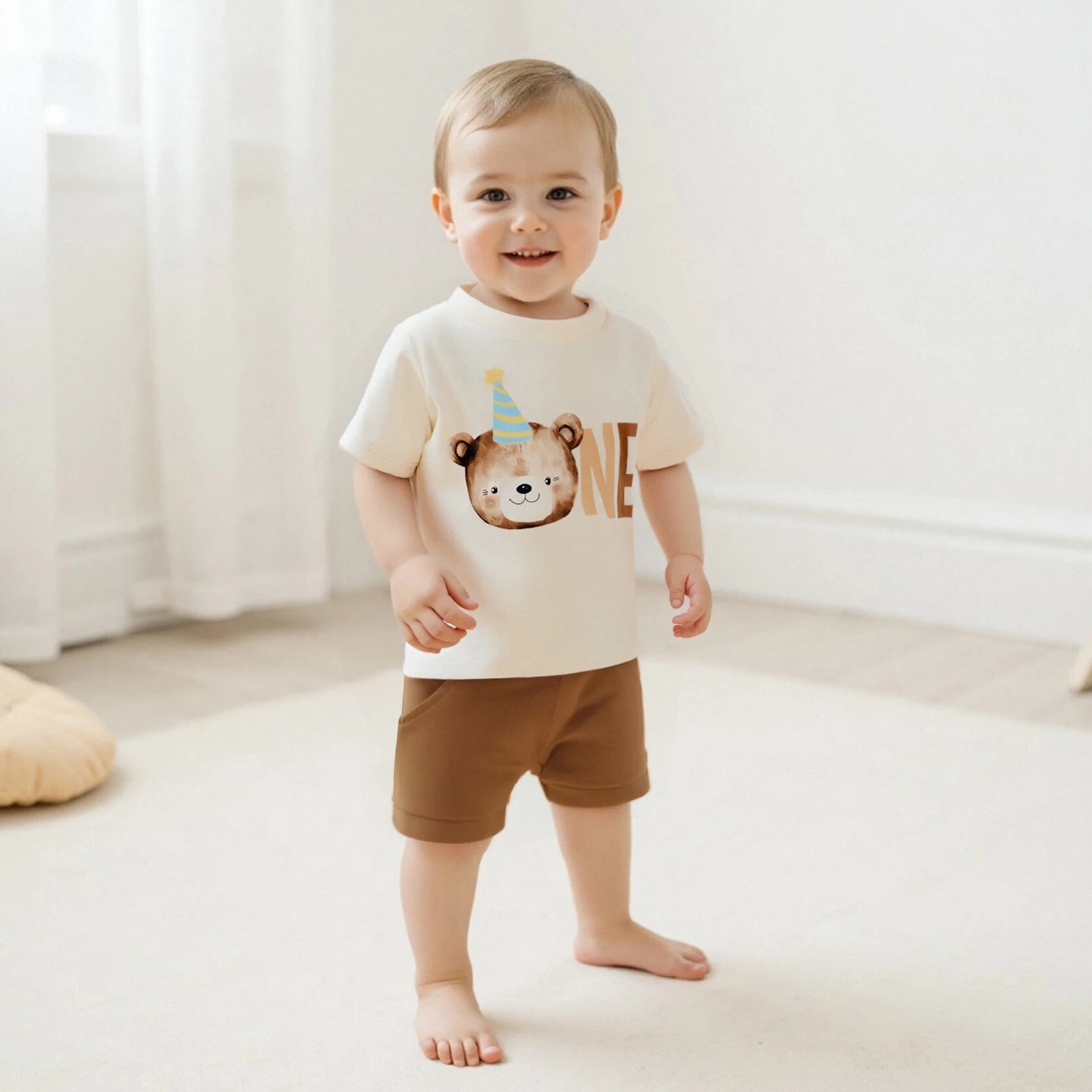 Baby Boys Birthday Shorts Sets Short Sleeve O Neck Letter Bear Print Tops and Drawstring Shorts 6M-18M
