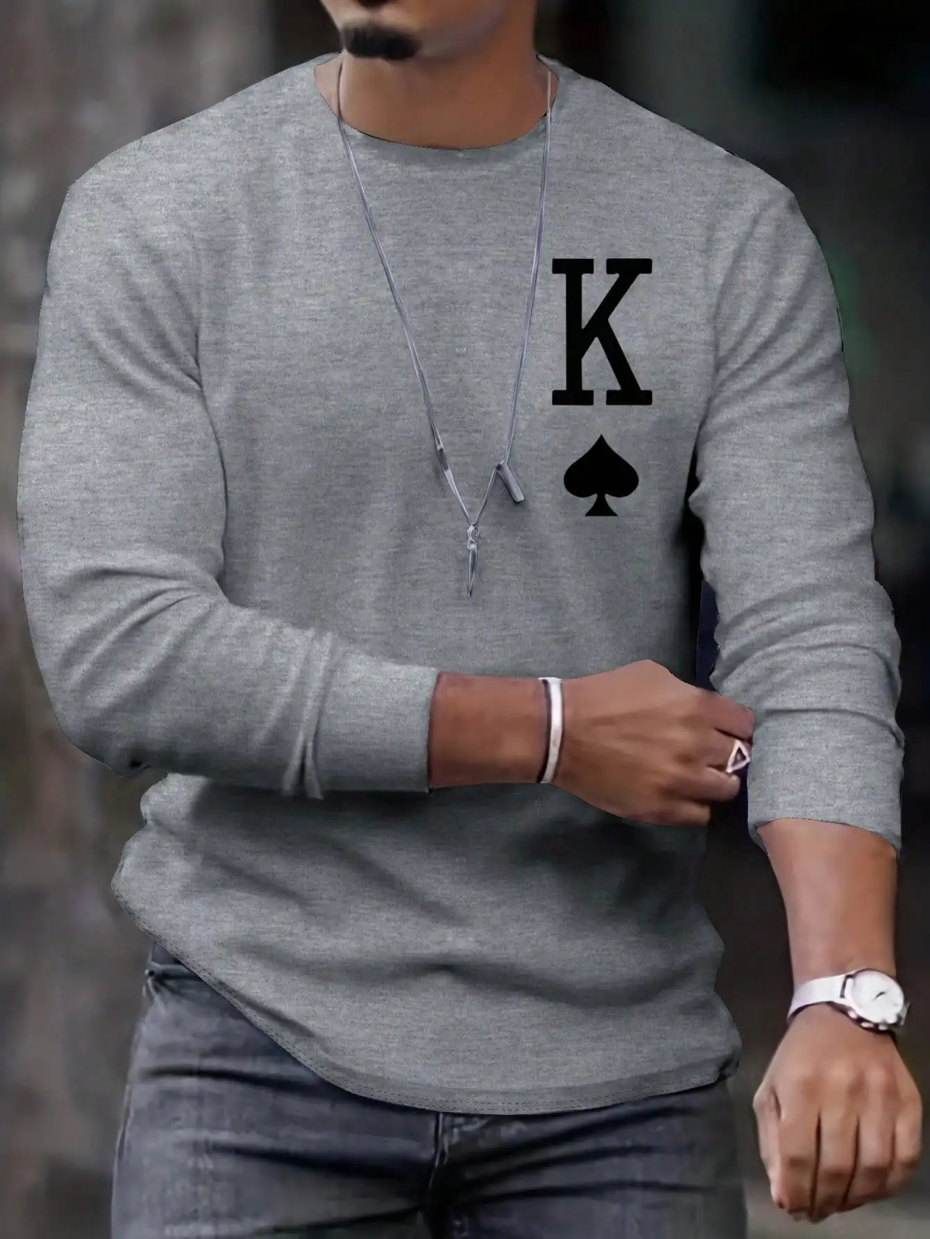 

Men's Gray Long Sleeve T-Shirt with Spade King Graphic, Casual Fall Style