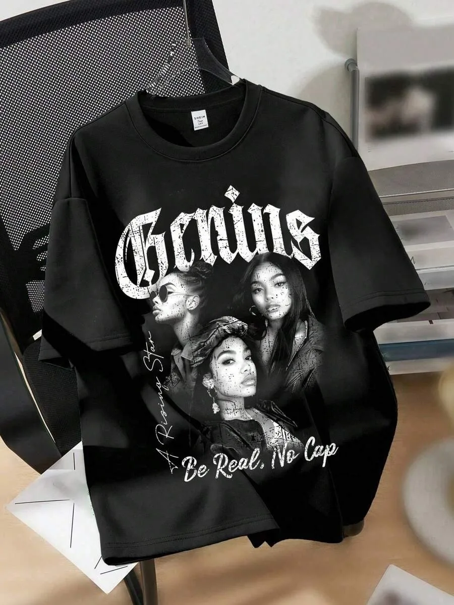 

Plus - Size Short Sleeve T - Shirt Women's Clothing: “Genius” Hip - Hop Female Graphic