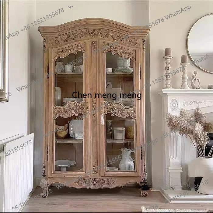 

French retro solid wood wine cabinet living room wall locker European double door glass storage cabinet