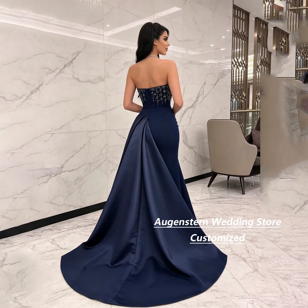 Customized Navy Strapless Mermaid Gown Heavy Beaded Tassel Bodice With Large Evening Dress Wedding Guest Banquet Party