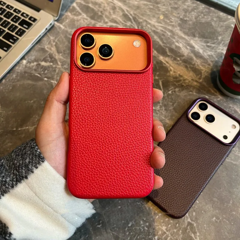 Wysokiej jakości skórzane etui z magnetycznym systemem ładowania do iPhone 12, 13, 14, 15, 16, 17, 18 Pro Max, jednolite kolorystycznie, z metalową osłoną chroniącą aparat. — zdjęcie produktu 2