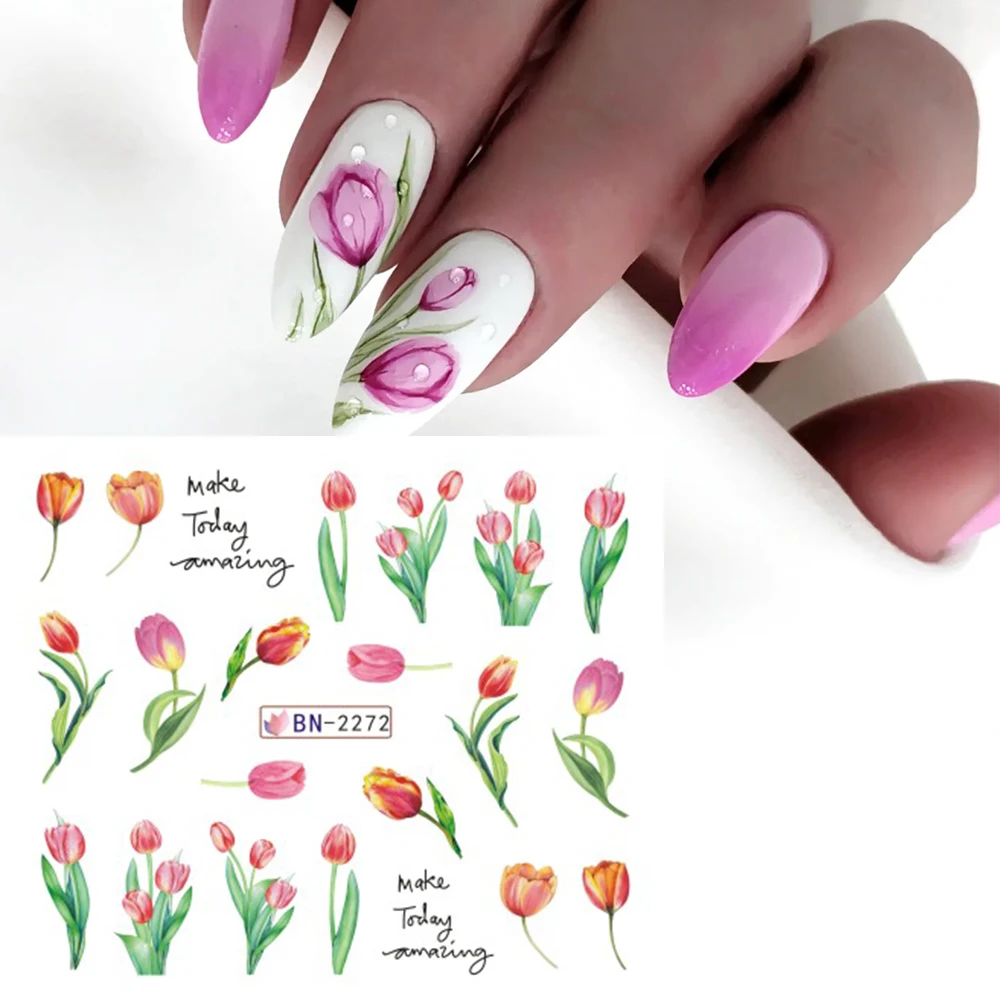 Tulipas flores água decalques de unhas folha transferência adesivos de unhas primavera verão decoração snowdrops marcas d'água slider LEBBN2269-2280