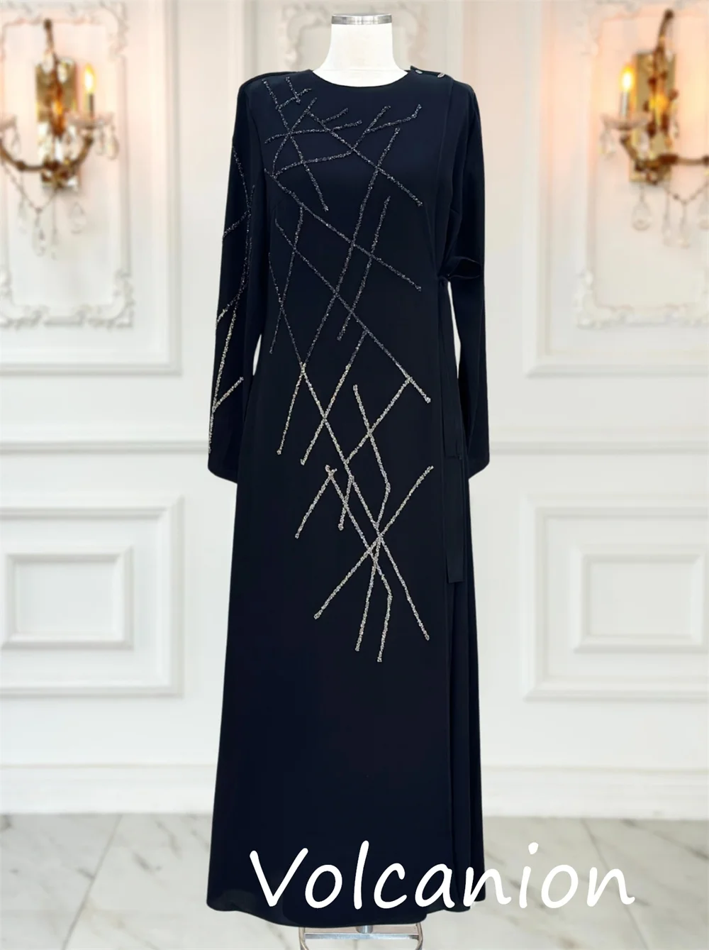 ที่กําหนดเองสไตล์จีน JERSEY Sequined Bow A-Line Scoop คอชุดยาว Bespoke โอกาสการจับคู่ง่าย