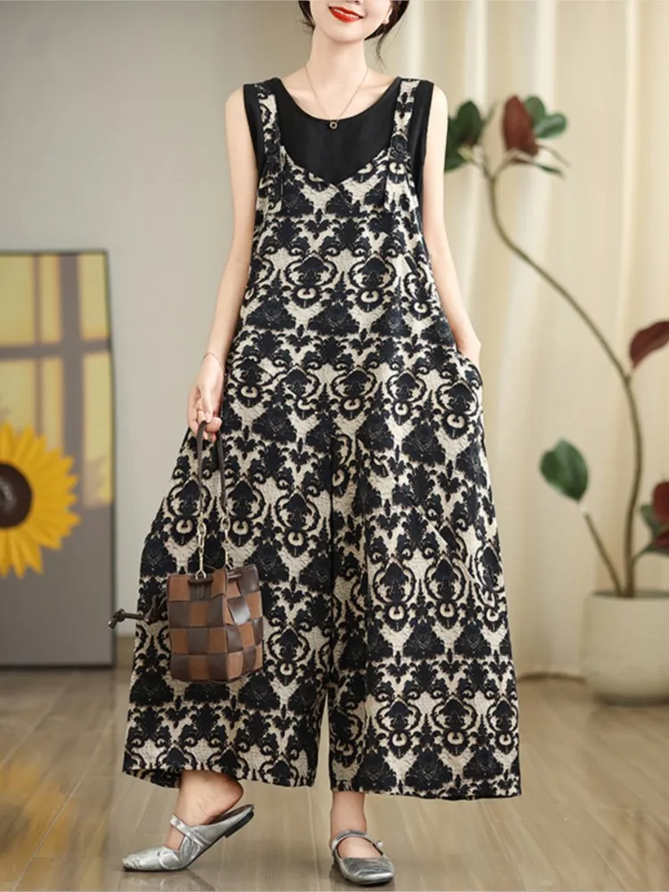 오버사이즈 여름 점프수트 여성 플로럴 프린트 모디스 캐주얼 여성 점프수트 루즈 와이드 레그 여성 오버올 스파게티 스트랩 포함