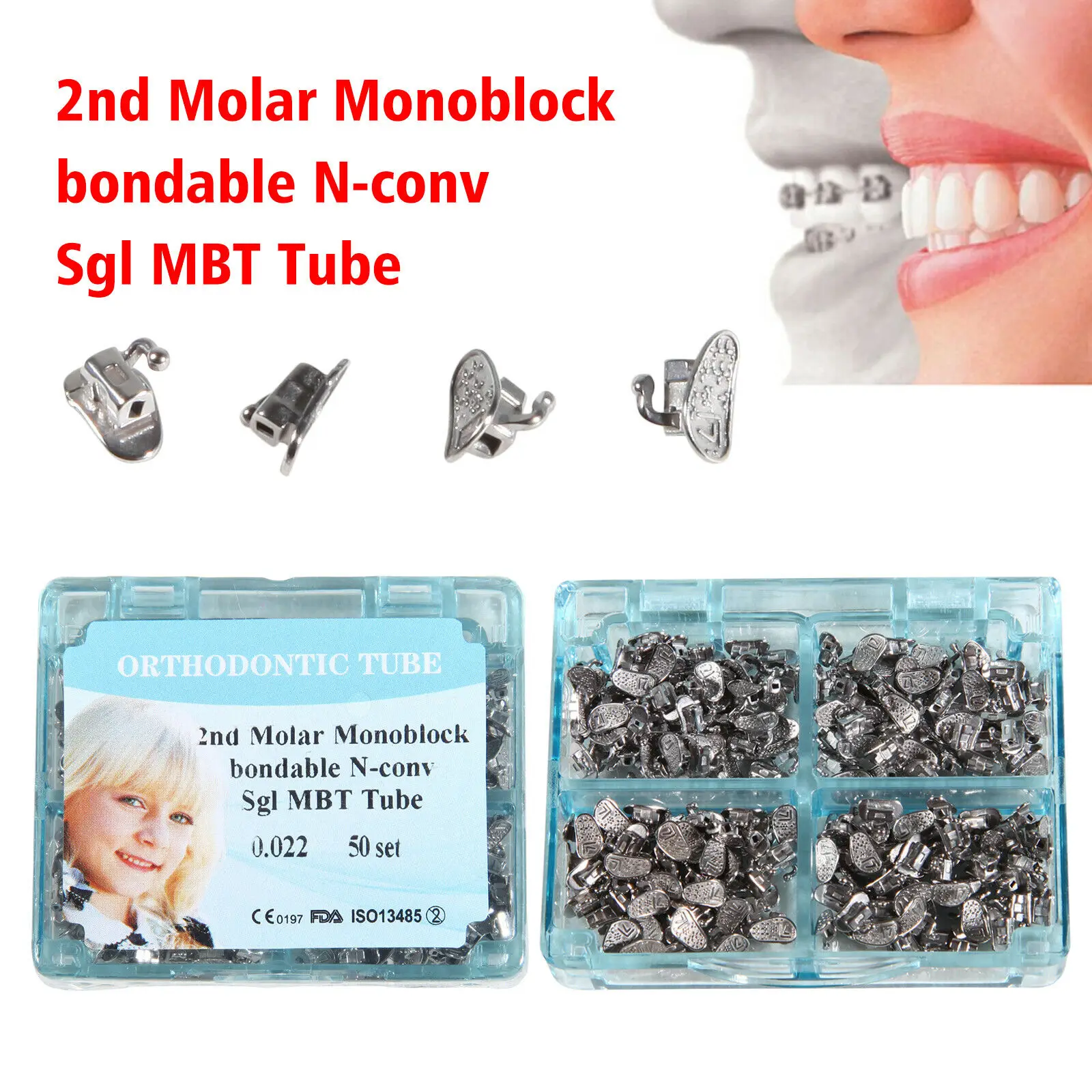 50 Sets/200PCS Dental Orthodontic Monoblock N-Convertible Single Buccal Tubes 022 2nd Molar MBT Tube