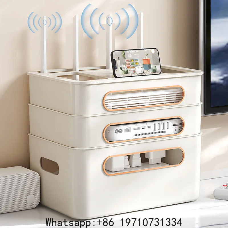 4-Tier WiFi Router Organizer, Multifunctional Cable Management Box with Ventilation, Eco PP Material, Top Shelf for Home Storage