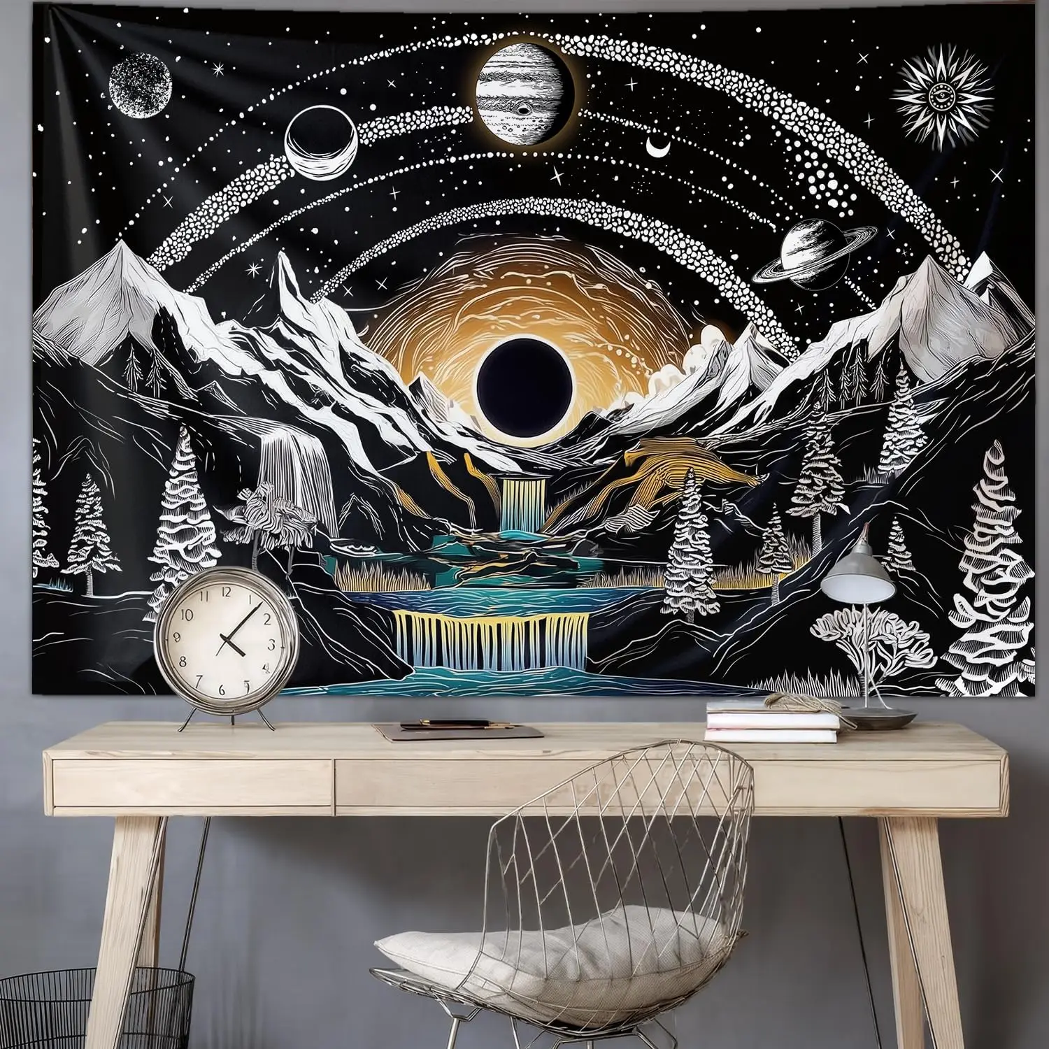 Black and White Tapestry Mountain Space Galaxy Aesthetic Tapestry, Gothic Backdrop Banner for Men Bedroom, Cool Trippy Whimsical