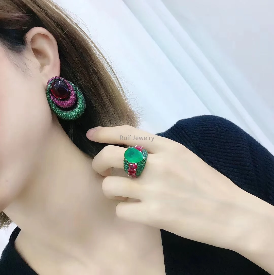 Ruif European and American style 925 Silver Create Ruby Emerald Earrings for Women Nice Color Lxuruy Jewelry