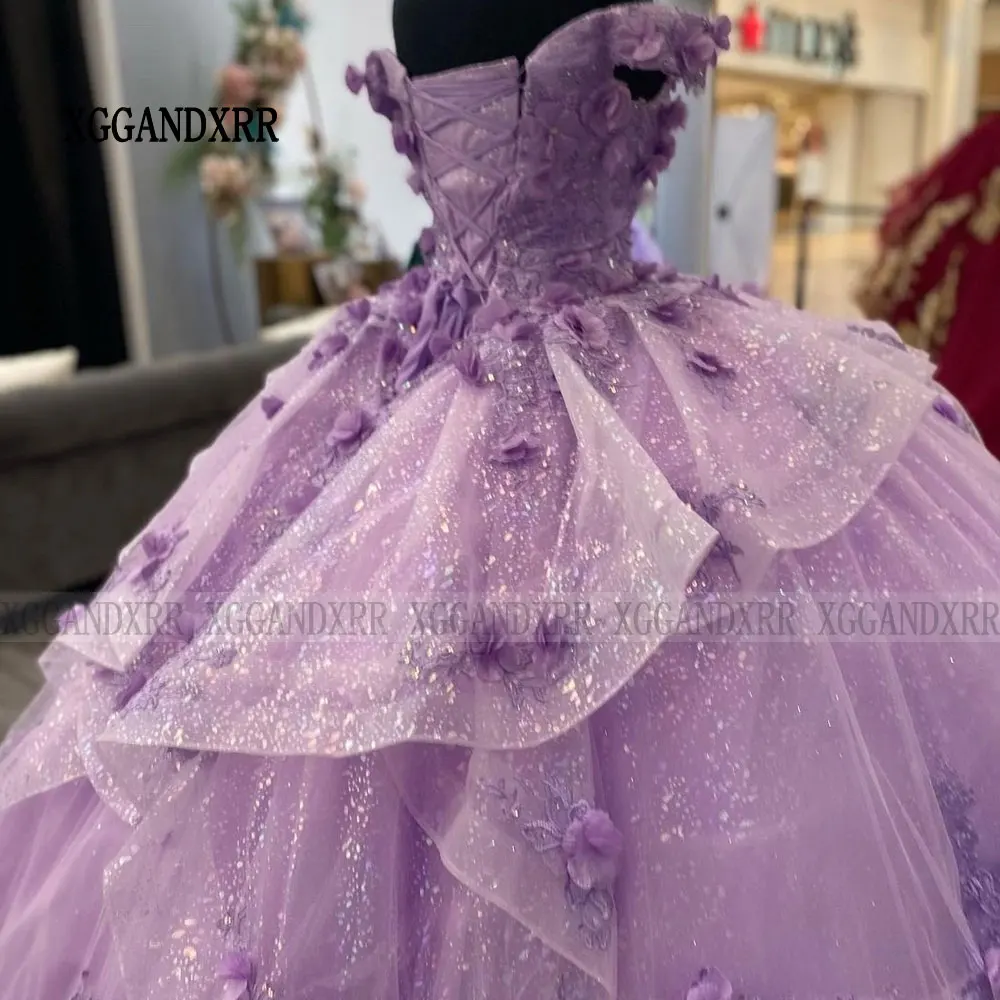 Cinderella Quinceanera Dress 2024 Sparkling 3D Floral Flowers Layers Princess Ball Gown Sweet 15 Vestidos De XV Años Party Gown