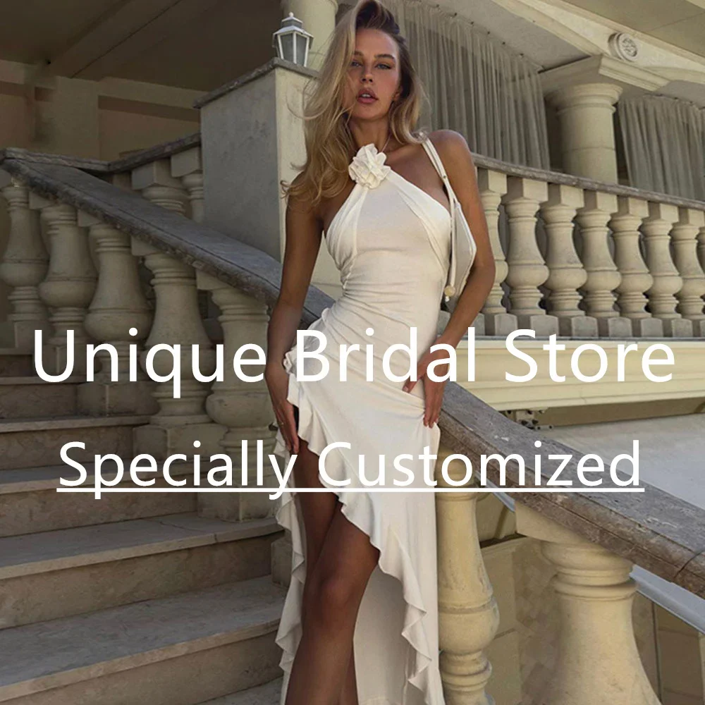 

Customized Popular Product Evening Dresses Sheath Asymmetrical Halter Neck Backless Sleeveless Ruffle Vestidos Para Mujer G