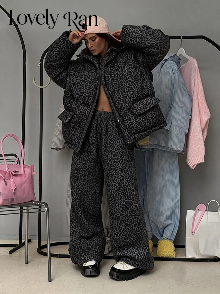 Women Winter  Padded Jacket Sets Hooded Leopard Long Sleeve Pockets Zipper Coat And Wide Leg Pant Chic Streetwear Suit 2026