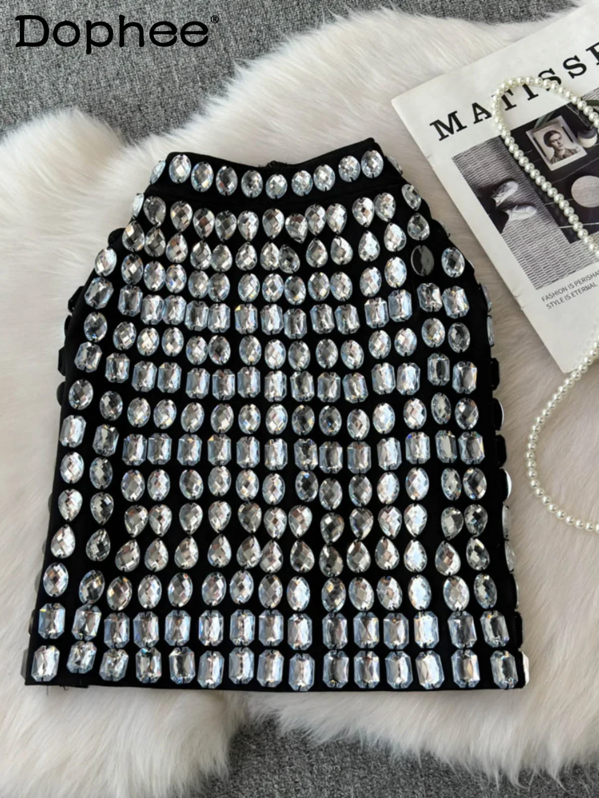 Sexy Girls Rhinestone High Waist Slim Skinny Hip Wrap Skirt Women Versatile Heavy Industry Gorgeous Personality Black Skirt