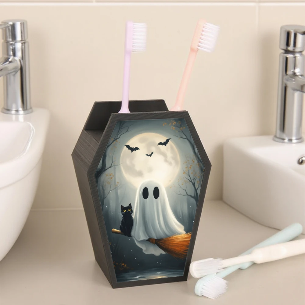 Cross-border Gothic Coffin Shaped Toothbrush Holder With Ghost Black Cat Full Moon Bat Print, Multi-grid Bathroom Vanity Toothpa