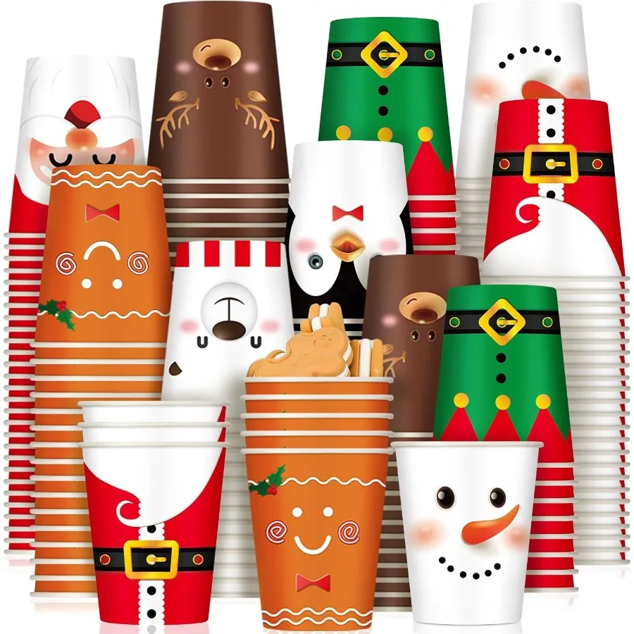 200 Pcs Christmas 9 oz Paper Cups Disposable Coffee Cups Santa Snowman Elk Disposable Hot Cups Xmas Party Drinkware Supplies fo