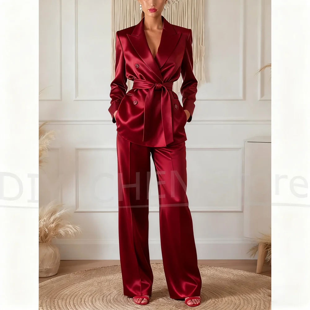 Women's Satin Suit Set with Belt Fashion Double Breasted Wear Chic Office Lady Wedding Prom Party Two Piece Pants Suits